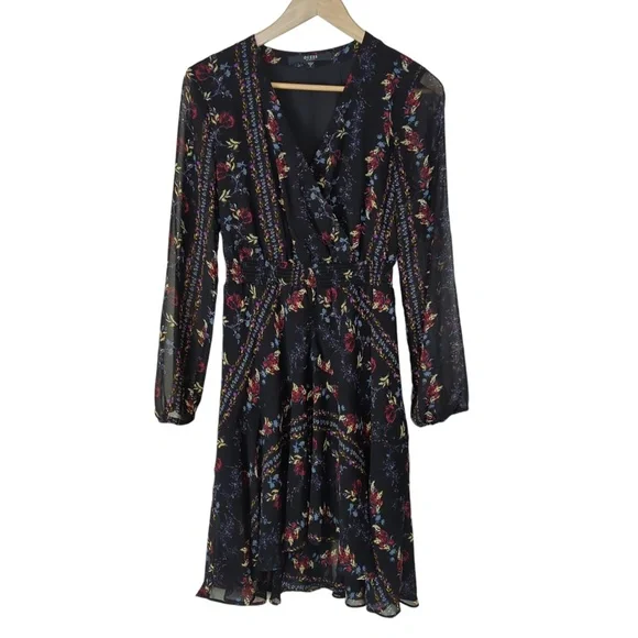 Guess Black Floral Faux Wrap Long Sleeve Mini Dress (no belt) - Picture 8 of 16